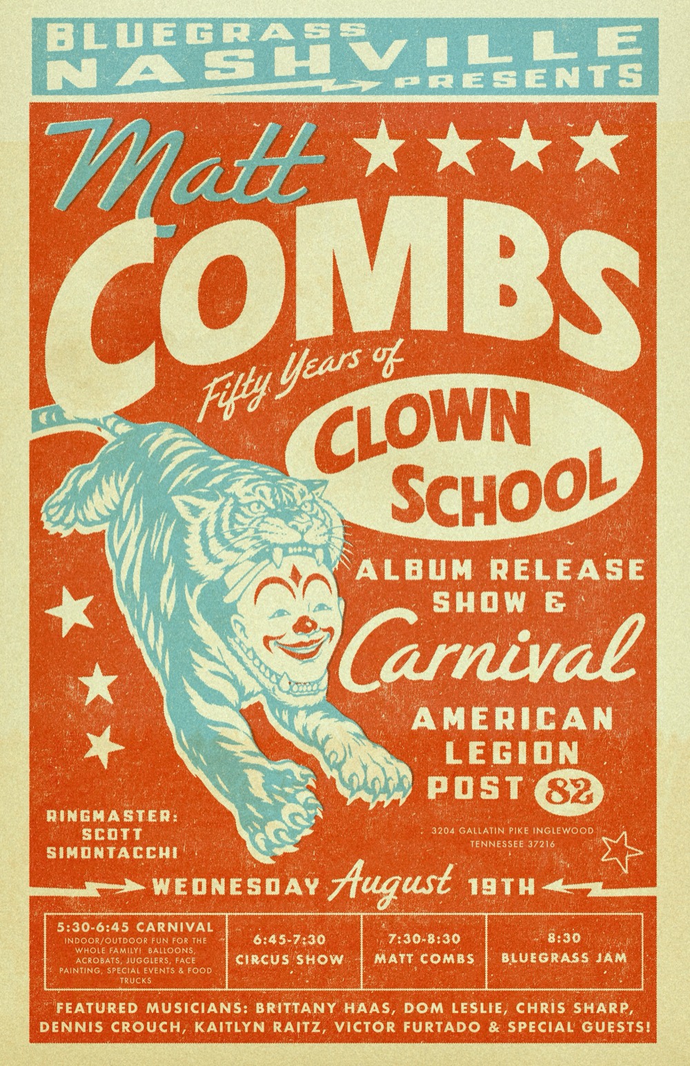 Bluegrass Nashville presents Matt Combs — Fifty Years of Clown School album release show & carnival, Wednesday August 19th at American Legion Post 82, Nashville